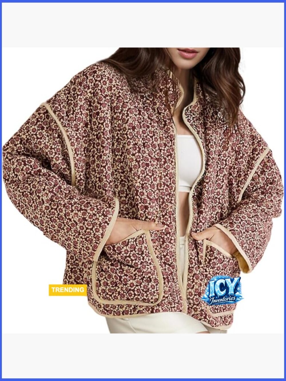 Cropped Quilted Jacket Floral Print Open Front Lightweight Puffer
